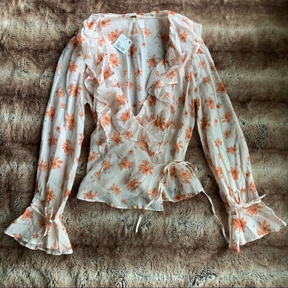 Free People Amanda Ruffle Top Ivory Floral - Picture 2 of 11